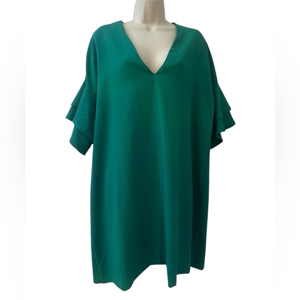 Zara Woman Xxl Green Ruffle Sleeve V-Neck Shift Dress Chic Flowy Minimalist